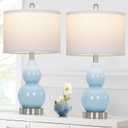 Double Gourd Ceramic Table Lamps Set of 2, Modern Blue Bedside Lamps for Night Stand, Contemporary Nightstand Lamps for Bedroom Living Room (Bulb Included)