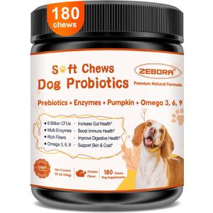 ZEBORA Probiotics for Dogs, Dog Probiotics, for Digestive Health, Plus Pumpkin and Fish Oil, for Gut & Itchy, 180 Soft Chews