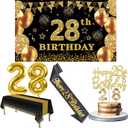28th Birthday Decorations Men Women with 28th Birthday Banner, Black and Gold Table Cloth, Number Balloons, Large Sash, Cake Topper and Candles