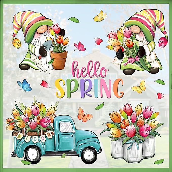 Mfault Hello Spring Gnome Window Clings 4 Sheets, Tulip Flower Teal Truck Mason Jar Farmhouse Wall Stickers Decal Decorations, Floral Bloom Butterfly Seasonal Living Room Home Kitchen Decor