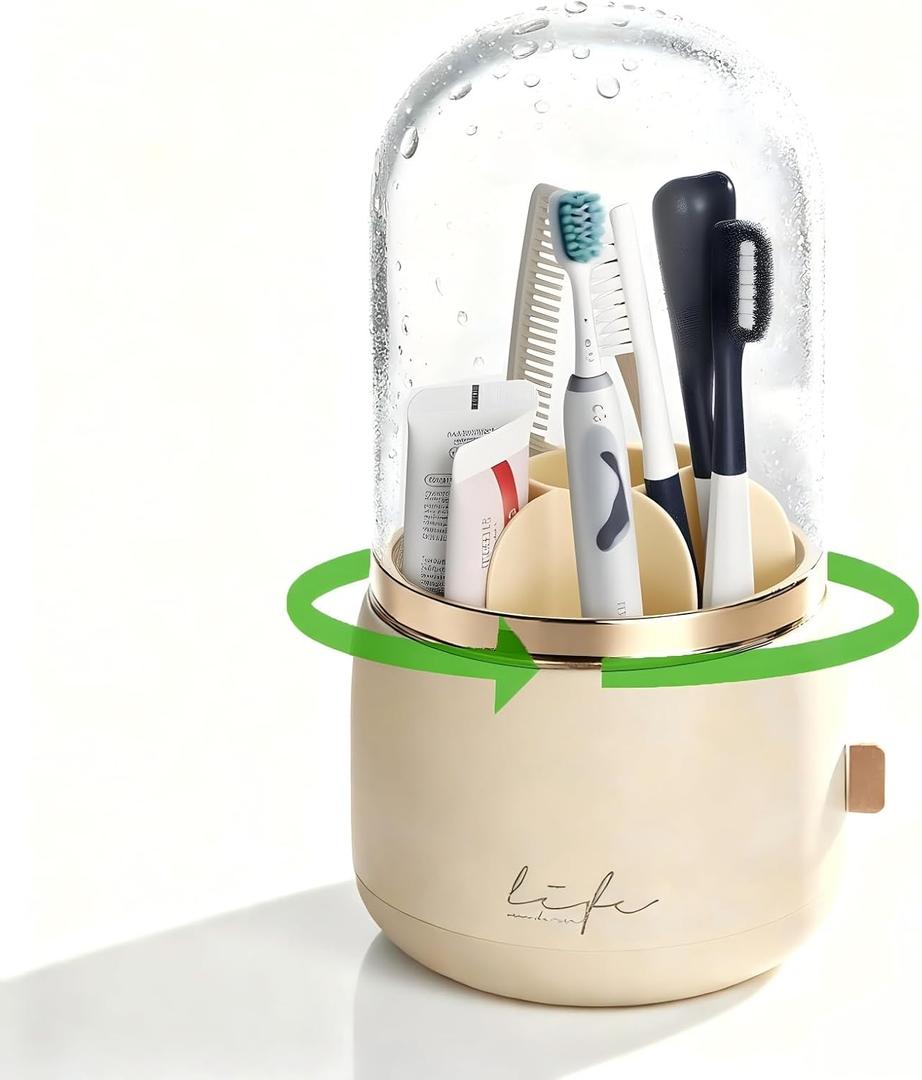 360 Rotating Toothbrush Holder for Bathroom, 7-Slot with Cover & Drainage for Electric Toothbrushes, Toothpaste, Razors - Stand Storage for Vanity, Bathroom Accessories, Countertop Organizer (Beige) (White)