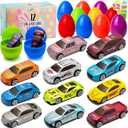 JOYIN 12 Pcs Die-Cast Car Filled Big Easter Eggs, Bright Colorful Prefilled Plastic Eggs with Different Die-cast Cars for Boys, Basket Stuffers and Kids Party Favors