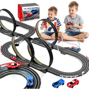 Slot Car Race Track Set for Kids Ages 6-12 Boys & Girls, Dual Racing Game 2 High-Speed Cars 1:64 Scale, Battery or Electric Powered Plug-in Track, Gift Toy Stocking Stuffers for Children