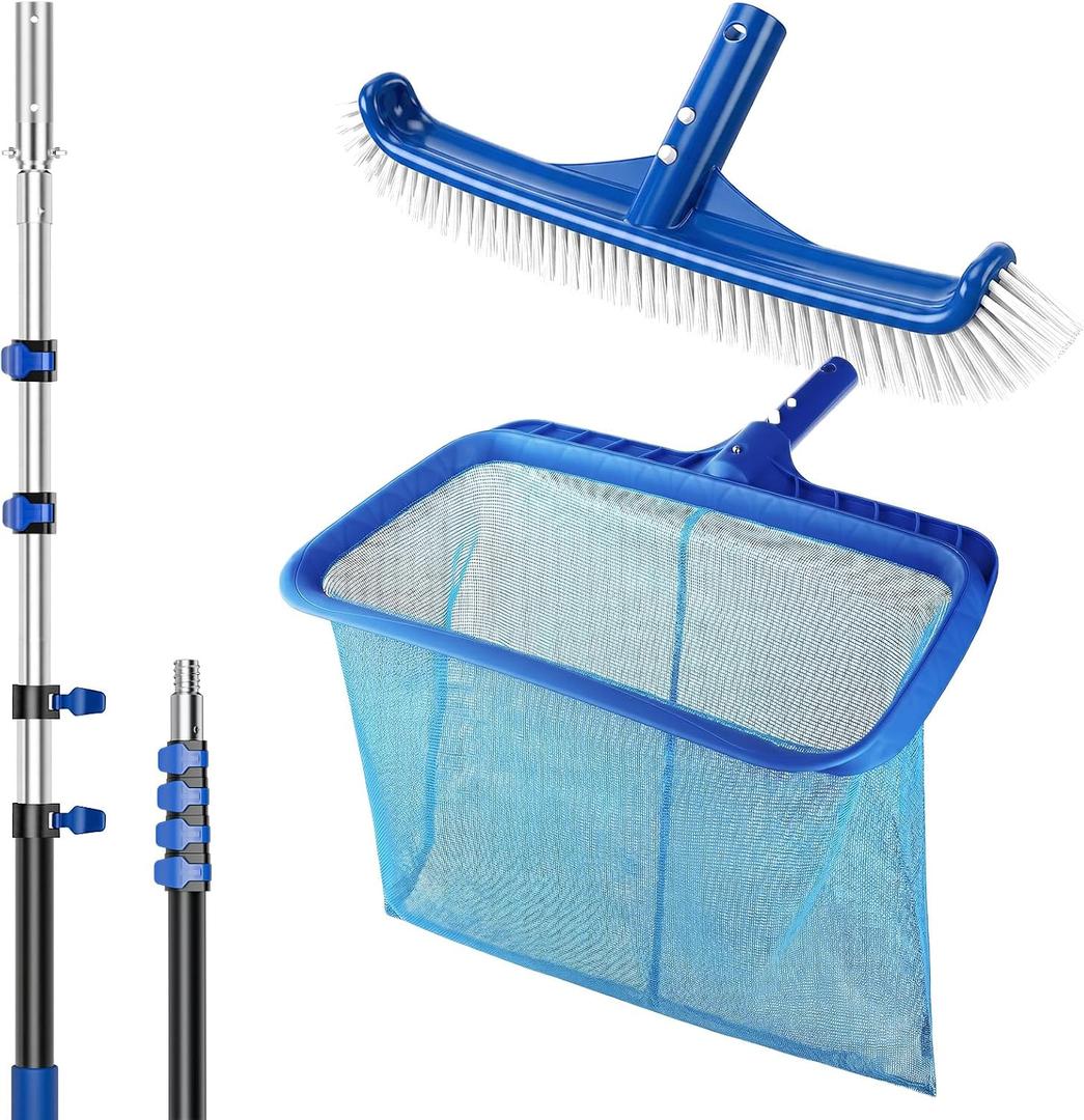 Pool Cleaning Kit with Pole with Brush and Net, Telescopic Pool Pole | 16 ft Pool Brush with Pole & Mesh Pool Skimmer Net with Pole, Pool Net and Accessories for Above/in Ground Spas & Hot Tubs