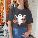 Halloween Shirts Pumpkin Shirt Women: Cute Ghost Shirt Casual Fall Halloween Spooky Season Graphic Short Sleeve Tee Tops (Large, Gray)