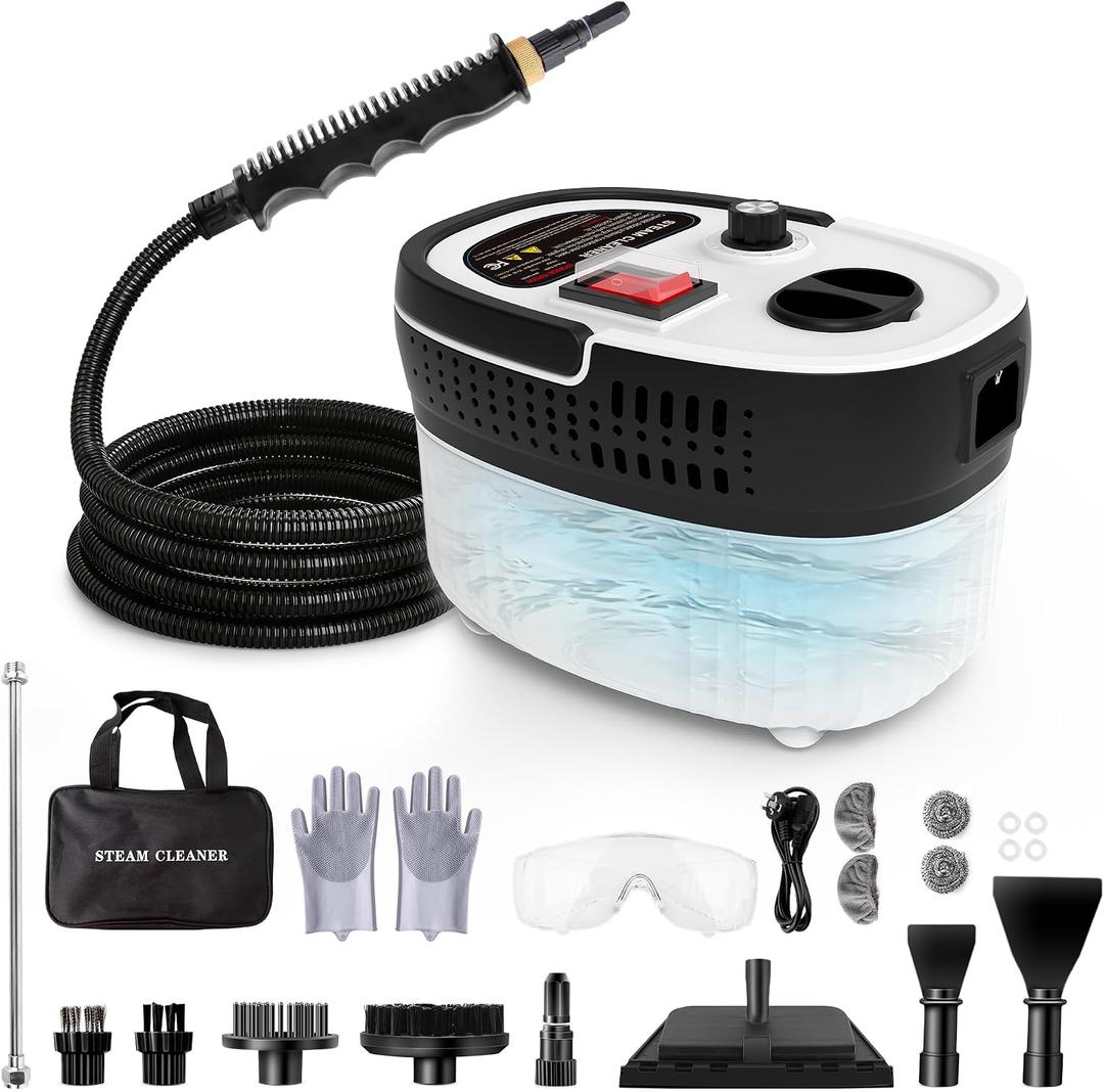 Steam Cleaner with 15-in-1 Kit, 2500W Steamer for Home & Car Detailing | 14.8ft Extended Reach, 15s Fast Heat-Up, 6-Level Adjustable, ANSI Z87.1 Safety Goggles, 45 Mins Steam, White