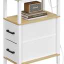 Narrow Side Table for Small Spaces, Skinny End Table with Charging Station, Sofa Beside Table with 2 Fabric Drawers and 1 Open Compartment, Slim Nightstand with USB Ports Outlet, White and Nature Wood