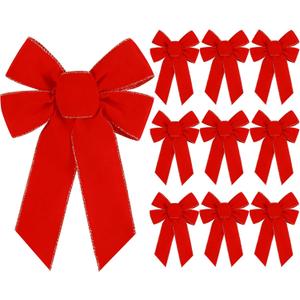 Yuubin 10 Pcs Red Bows Christmas Tree Decorations,9x13 Large Velvet Wreath Bow with Glitter Gold Edge for Xmas Home Fence Stairs Railing Fireplace Indoor Outdoor Front Door Decor