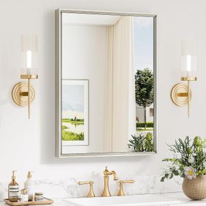Keonjinn 22 x 30 Inch Brushed Nickel Bathroom Mirrors for Over Sink, Beveled Rectangle Framed Mirrors for Wall, Farmhouse Bathroom Vanity Mirror, Tempered Glass, Square Corner