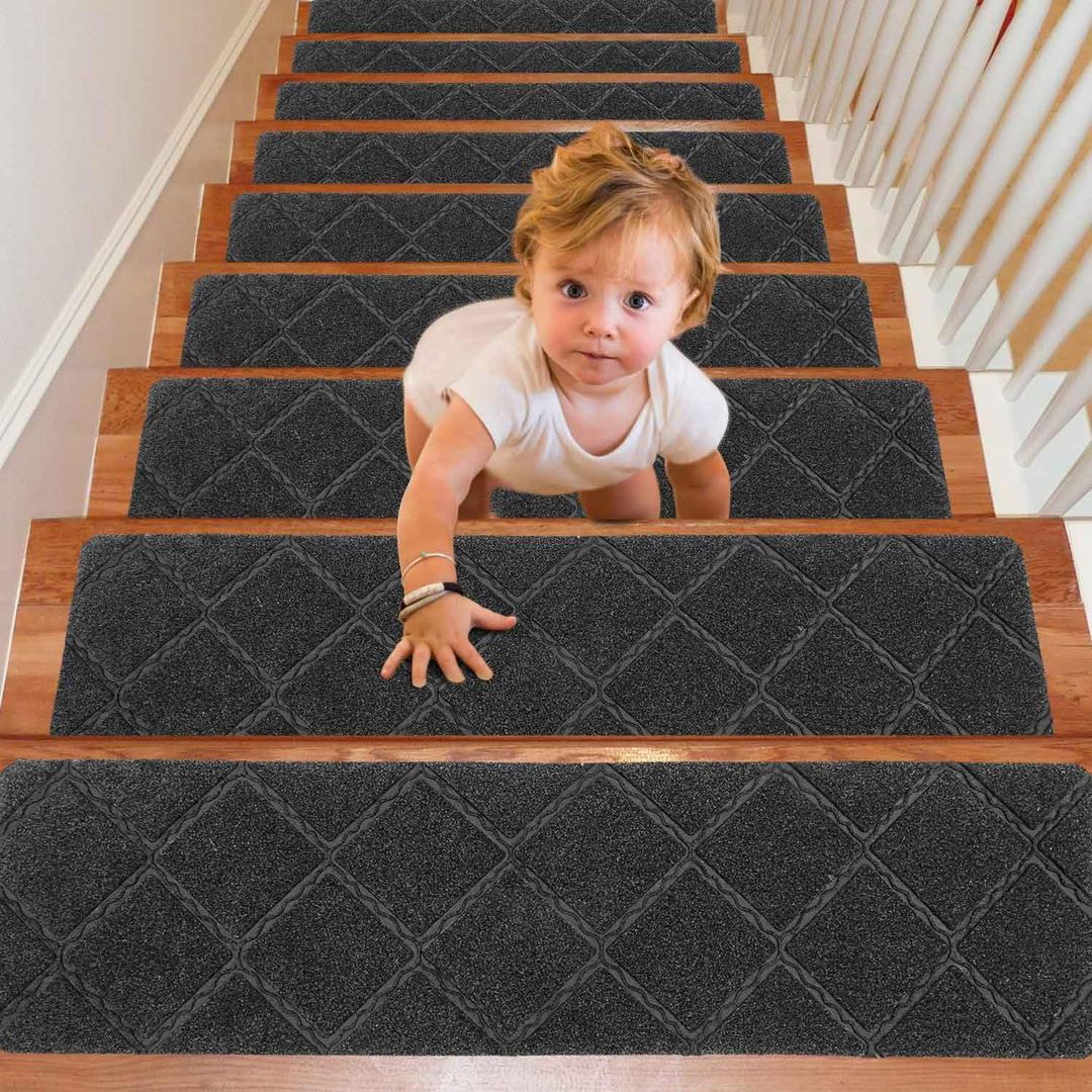 Seloom Upgraded 8" x 30" Stair Treads for Wooden Steps- Carpet Non-Slip with Non Skid Backing Specialized for Indoor Steps, Removable Washable Step Runners Perfect for Dogs(Grey,15-Pack, Dimand)