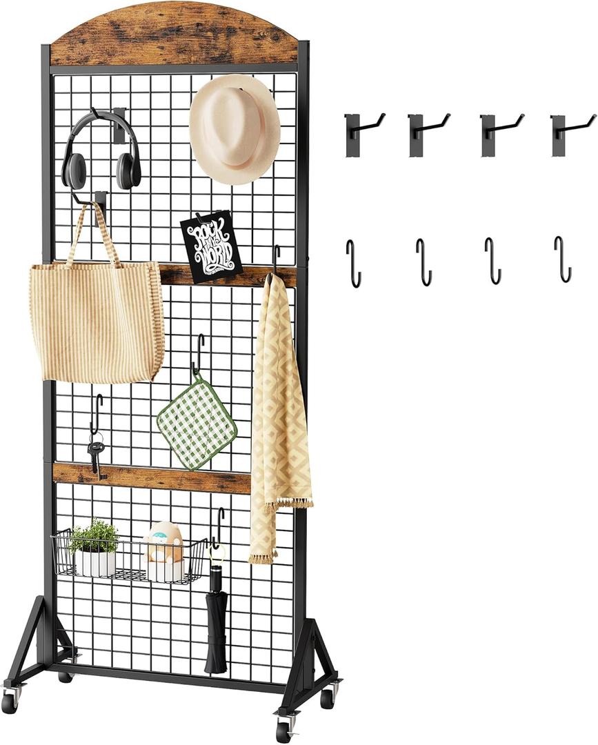Grid Wall Panel 5.7 x 2 FT Grid Display Rack, Movable Gridwall Display Stand, Sturdy Floorstanding Wire Grid Rack, Rustic Brown and Black TCJ17BF