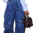 Vaceky Women's Bib Denim Overalls Elastic Waist Straight Leg Y2K Cargo Jeans Summer Jumpsuit with Pockets (Large, Blue)