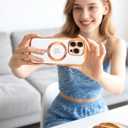 Jusy Compatible with MagSafe Phone Case with Screen Protector for iPhone 14 Pro, Cute Curly Wavy Magnetic Metal Glossy Soft Shockproof Clear Phone Cover - Orange