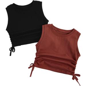 Milumia Girl's 2 Pack Ruched Knot Side Round Neck Sleeveless Basic Crop Tank Tops (Multi Black Red) 8 years