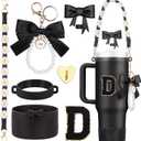 7Pcs Black Stanley Cup Accessories for 40Oz 30Oz 20Oz, Women Teen Girls Gifts, Stanley Tumbler Cup Decoration with Straw Topper, Bow Charm, Silicone Boot, Handle Strap, Letter Sticker D