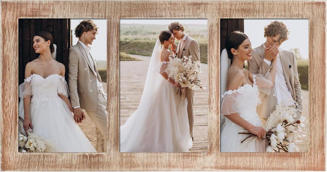 4x6 Collage Picture Frames, 3 Picture Frame 4x6, Rustic Brown Wood Frame with Tempered Glass, 3 Opening 4 by 6 Photo Frame Wall Decor or Tabletop, 1 Pack