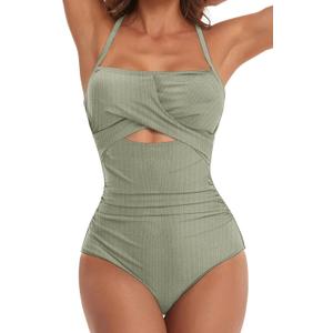 Dokotoo Women's One-Piece Swimsuits Adjustable Strap Cutout Monokini Padded Tummy Control Slimming Swimwear Bathing Suits (Laurel Green) Large