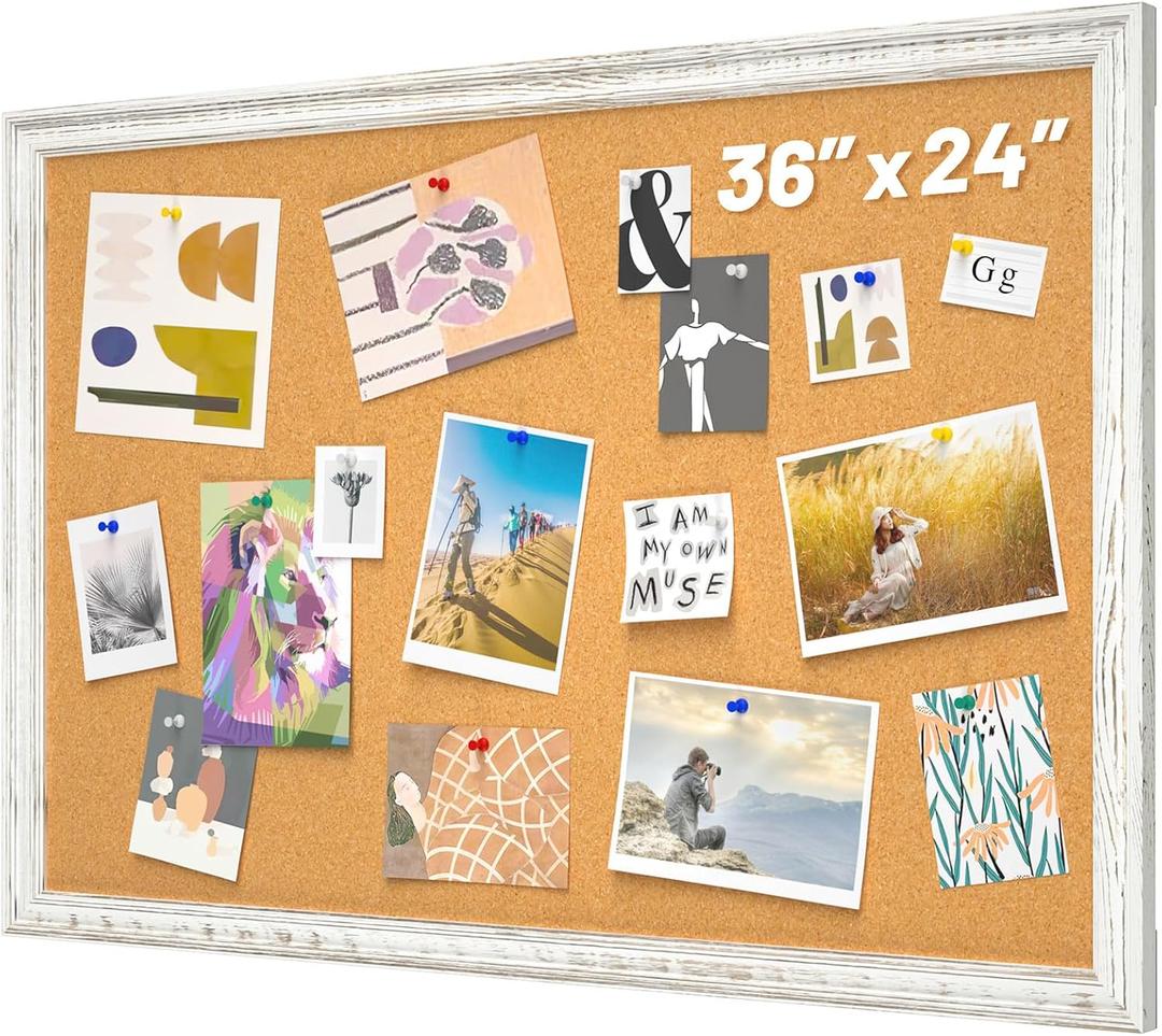 White Cork Board for Wall, 36 x 24 inches Decorative Bulletin Board, Rustic Wooden Frame Pin Board for Office, Dorm, Home Decor