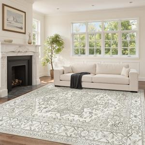befbee 7x9 Washable Area Rug, Vintage Floral Non Slip Low Pile Carpet Beige