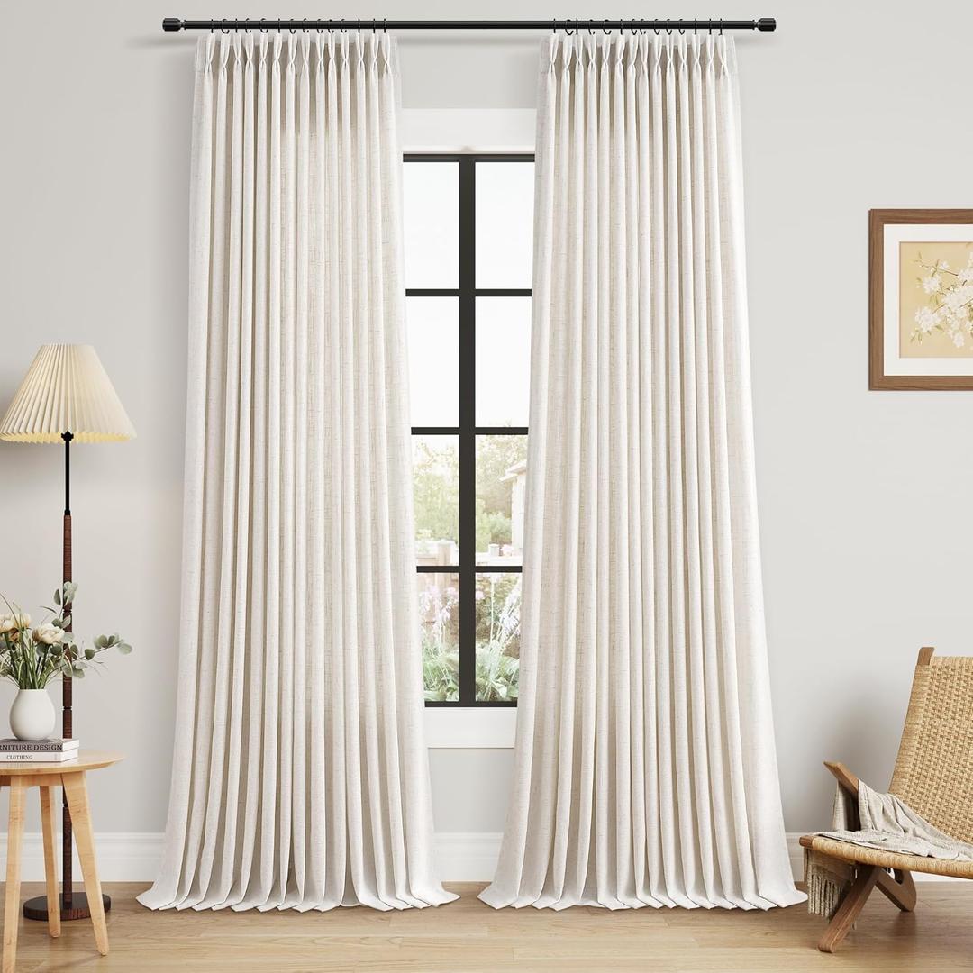 Joywell 90 Inch Pinch Pleat Linen Curtains Floor Length 2 Panels for Living Room Bedroom Thick Cream Modern Farmhouse Pleated Semi Sheer Light Filtering Back Tab Drapes with Clip Rings Hooks, Natural