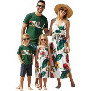 PATPAT Family Matching Outfits Mommy and Me Dresses Hawaiian Tropical Vacation Beach Spaghetti Strap Dress and Shirt, 3-4Y