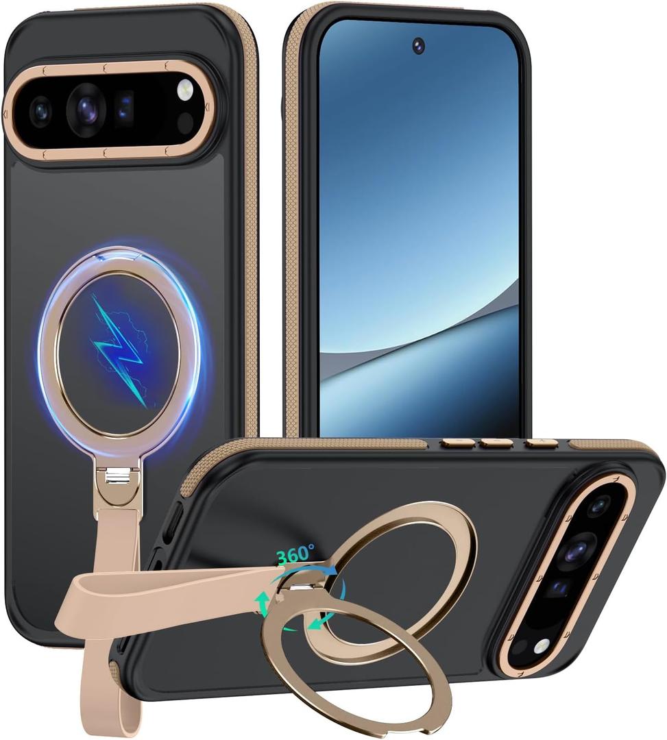 Mondelete 360Spin Magnetic Stand with Silicone Strap for Google Pixel 10 Pro XL Case [Fit for MagSafe], Mil-Grade Shockproof Translucent Pixel 10 Pro XL Phone Case with Ring Holder (Desert Gold)