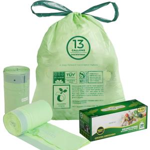 13 Gallon Compostable Trash Bags with Drawstring, Heavy Duty Extra Thick 1 Mil, 49.21 Liter, 30 Bags, Tall Kitchen Food Scrap Waste Bag, ASTM D6400, US BPI and OK Compost Home Certified