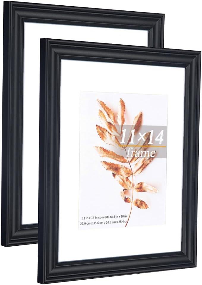 2 Pack 11x14 Picture Frames Black, Display Picture 8 x 10 with Mat, Photo Frame for Wall Gallery Mounting