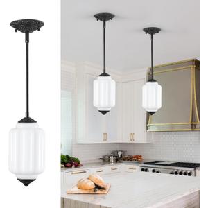 Vintage Milk Glass Pendant Light, 5.5" Semi Flush Mount Pendant Light, Black Finish Milk Glass Hanging Light Fixture for Kitchen, Dining Room, Bedroom, Hallway, Bathroom(White, 1 Pack)