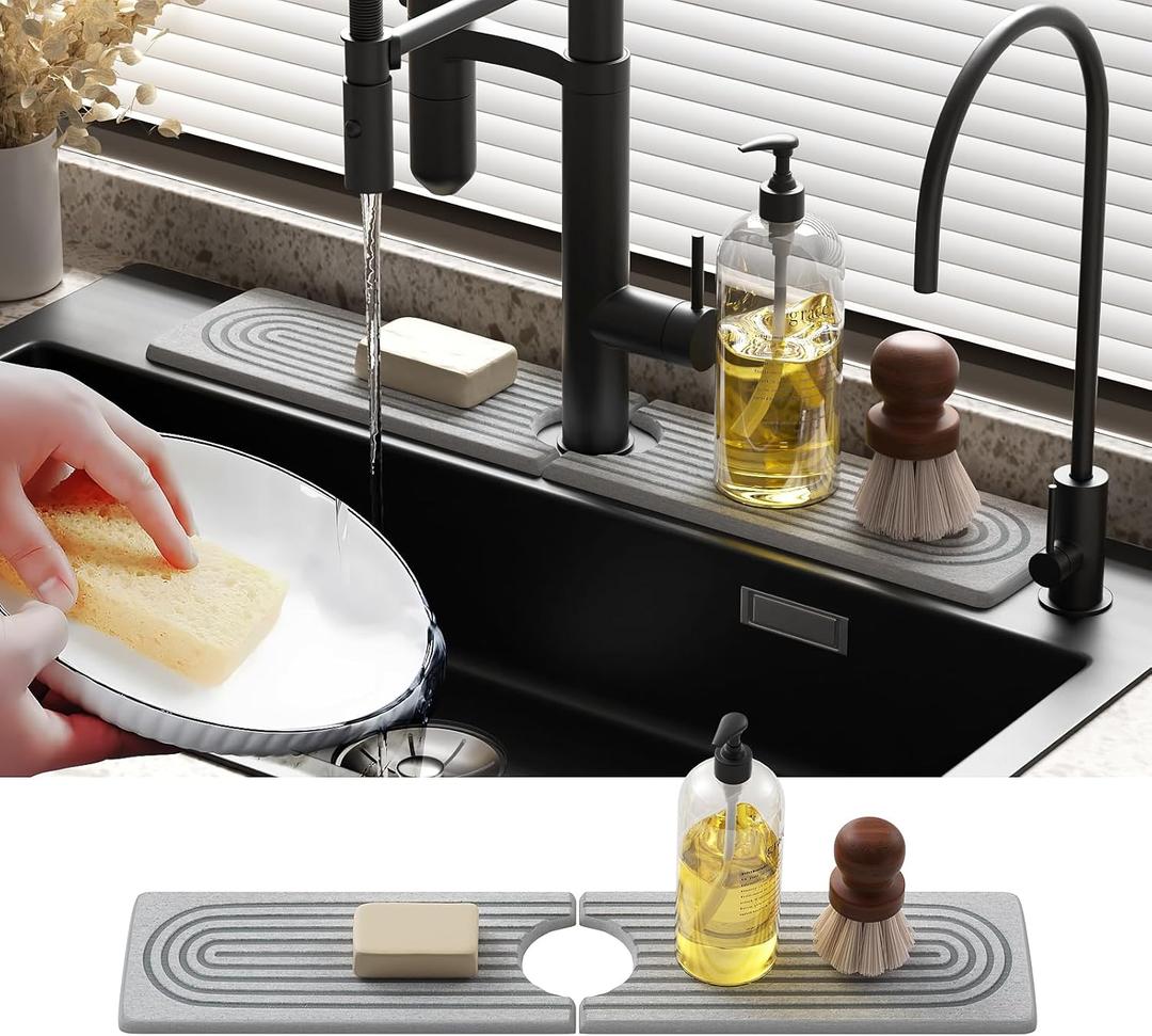 Slow Slog Quick Dry Sink Splash Guard - 15.8" Fast Drying Diatomaceous Earth Faucet Tray - Super Absorbent Sink Faucet Mat for Kitchen & Bathroom Countertops - Gray