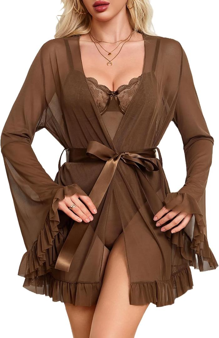 Avidlove Women Sexy Lingerie Set 2 Piece Sheer Kimono Robe with Lace Teddy Lingerie Bodysuit (Brown), XL