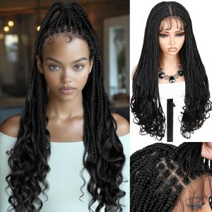 WIGER French Curl Braid Wigs 28 Inches Full Lace Goddess Braid Wig with Curly Ends Natural Black Handmade Synthetic Hair Lace Frontal Wig for African American Women