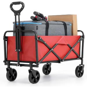 Collapsible Foldable Wagon,Wagons Carts Foldable with Wheels,Utility Grocery Folding Beach Wagon for Sand Garden Sports Shopping Outdoor(Bright Red).