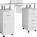 CuisinSmart Manicure Table with Dust Collector, 42" Nail Desk for Nail Tech with Lockable Wheels, 4 Storage Drawers, Arm Rest, Acetone Resistant Top and Storage Cabinet White