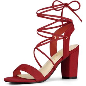 Allegra K Women's Lace Up Block High Heels Sandals (9, Red)