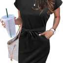 MEROKEETY Women's Summer Striped Short Sleeve T Shirt Dress Casual Tie Waist with Pockets XL black
