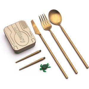 Outlery | Portable & Reusable Stainless Steel Travel Cutlery Set and Reusable Chopsticks (Metallic Gold) Pocket Sized Cutlery Set