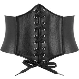 HANERDUN Lace-up Waspie Corset Belts for Women Elastic Waist Belt Tied Retro Wide Belt (Medium, Button Closure-Black)