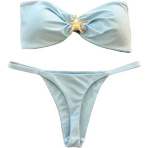 WDIRARA Women's 2 Piece Strapless Swimsuit Brazilian Thong Bikini Set Metal Starfish Bandeau Bathing Suit S