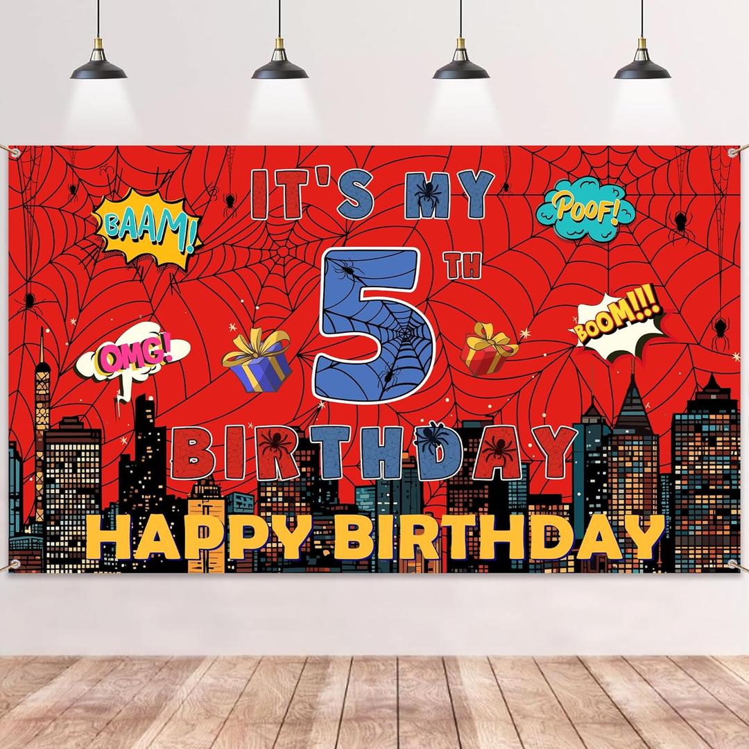 Spider Web 5th Birthday Banner - Red Webs Large Happy Birthday Backdrop Decorations(7143 Inch), Red Blue Photo Booth Photography Background Supplies for Kids Boys 5 Year Old