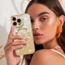 NITITOP Compatible with iPhone 15 Pro Max Case Cute Clear Glitter [Compatible for MagSafe] Plating Heart Sparkle Bling Magnetic Girl Women Electroplated Frame Camera Protection Back Cover - Gold