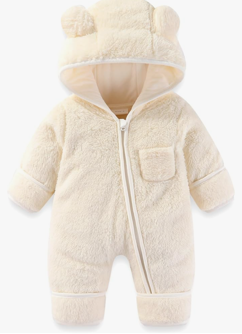 Newborn Baby Bear Outfit With Fold-Over Mittens and Footies Girls Boys Winter Fleece Clothes Hooded Romper Snowsuit 3