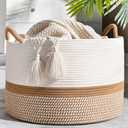 KAKAMAY Large Blanket Basket (20"x13"),Woven Baskets for storage Baby Laundry Hamper, Cotton Rope Blanket Basket for Living Room, Laundry, Nursery, Pillows, Baby Toy chest (White/Brown)