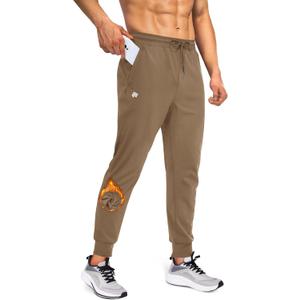 Mens Fleece Lined Joggers with Zipper Pockets, Water Resistant Winter Sweatpants for Hiking, Running, Gym (Brown, M)