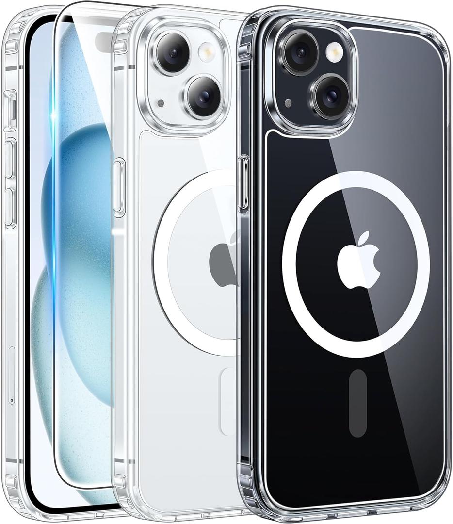 FNTCASE for iPhone 15 Case: for iPhone 14 | iPhone 13 Case Support Magnetic Charging Military Grade Drop Protection Anti Yellowing | Rugged Shockproof Phone Cover - 6.1 inch (A-Clear)