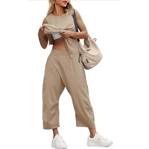 Fisoew Womens 2 Piece Sets Summer Outfits Sleeveless Wide Leg Tracksuits Casual Sweat Sets Lounge Sweatsuits, Medium, Brown