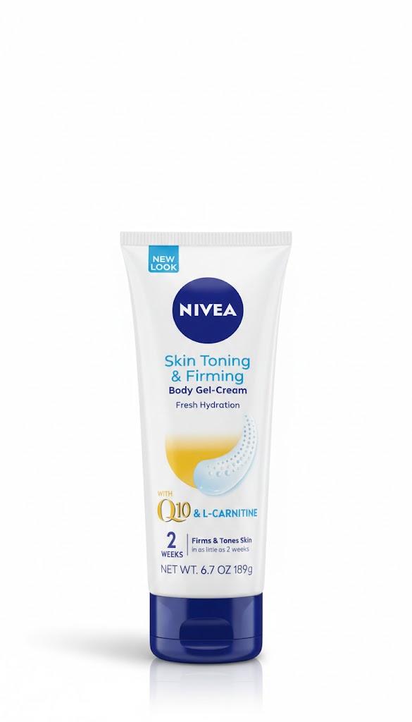 NIVEA Skin Firming & Toning Body Gel Cream with Q10, Hyaluronic Acid and Vitamin C, Clinically Tested Skin Firming & Toning Cream, 72-Hour Moisture, 6.7 Oz Tube
