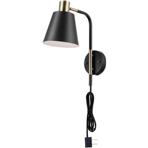 GLOBE Electric 51374 Cleo 1-Light Plug-in or Hardwire Wall Sconce, Matte, Antique Brass Accents, Black Cloth Cord, 14.44