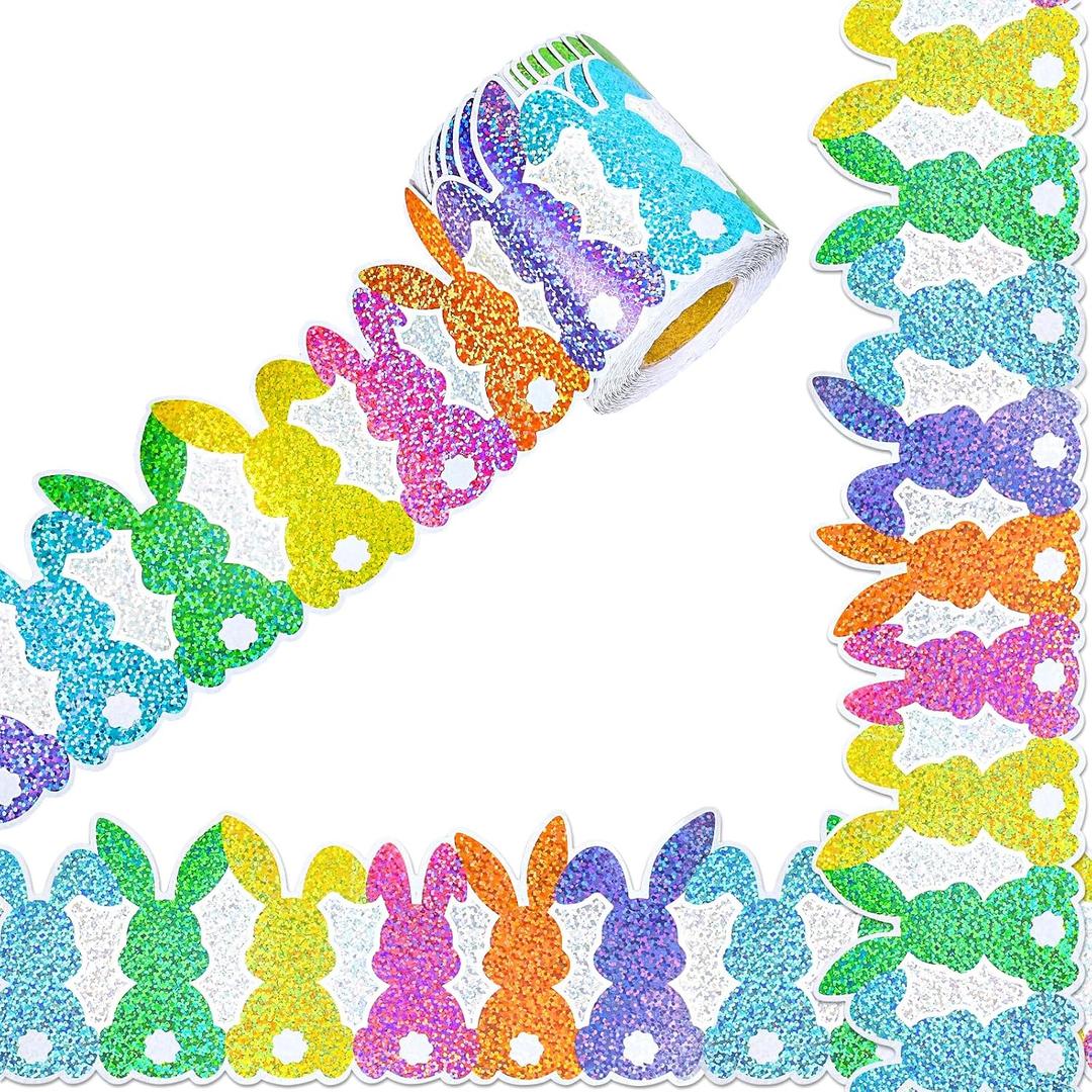 FYSUIMU 65.6 Ft Easter Bunny Holographic Bulletin Board Border Colorful Rabbit Sparkly Die Cut Border Trim Roll for Home Classroom Spring Party Wall Decoration