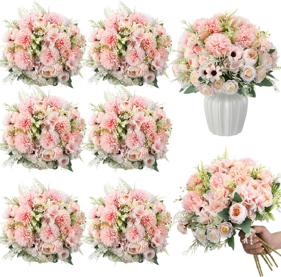 Tigeen 6 Bundles Artificial Bouquet Flowers Artificial Peonies Faux Roses Silk Flowers Hydrangea Bouquet for Wedding Table Centerpiece Floral Vase Decor (Pink)